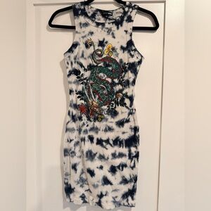 Fashion Nova Blue and White Tie-Dye Midi Dress